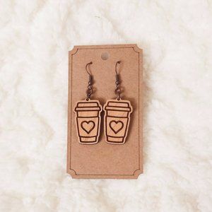 5/$25 Hot Coffee Earrings Dangle Wooden w/Heart
